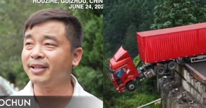 Lorry Suspended Over Collapsed Bridge in China with Driver Trapped Inside Lorry Suspended Over Collapsed Bridge in China with Driver Trapped Inside