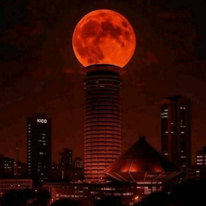 Blood moon shines in the evening sky Blood moon shines in the evening sky
